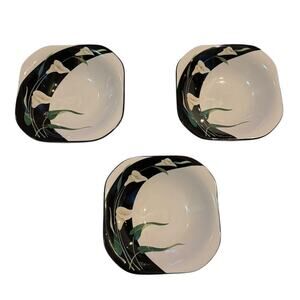 Sango Quadrille Black Lilies 5101 Salad Bowls (3) Floral Semi-Porcelain READ